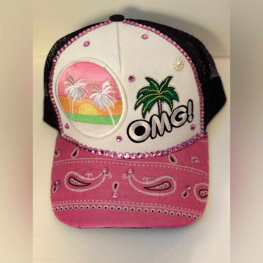 Custom made OMG Pink and White Trucker Hat with Palm Tree Design